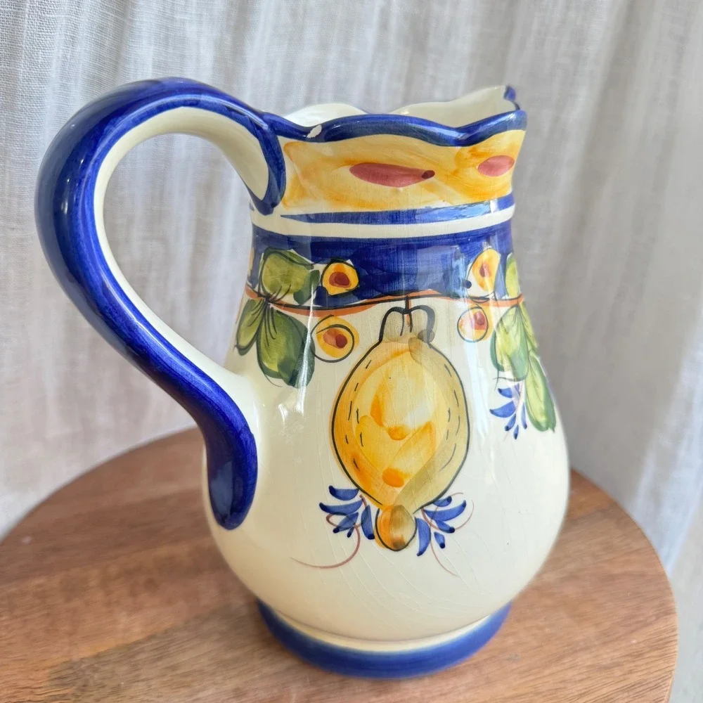 VTG J Wilifred‎ for Sadek Hand Painted Lemon Pitcher Blue Yellow Portugal 7 inch
